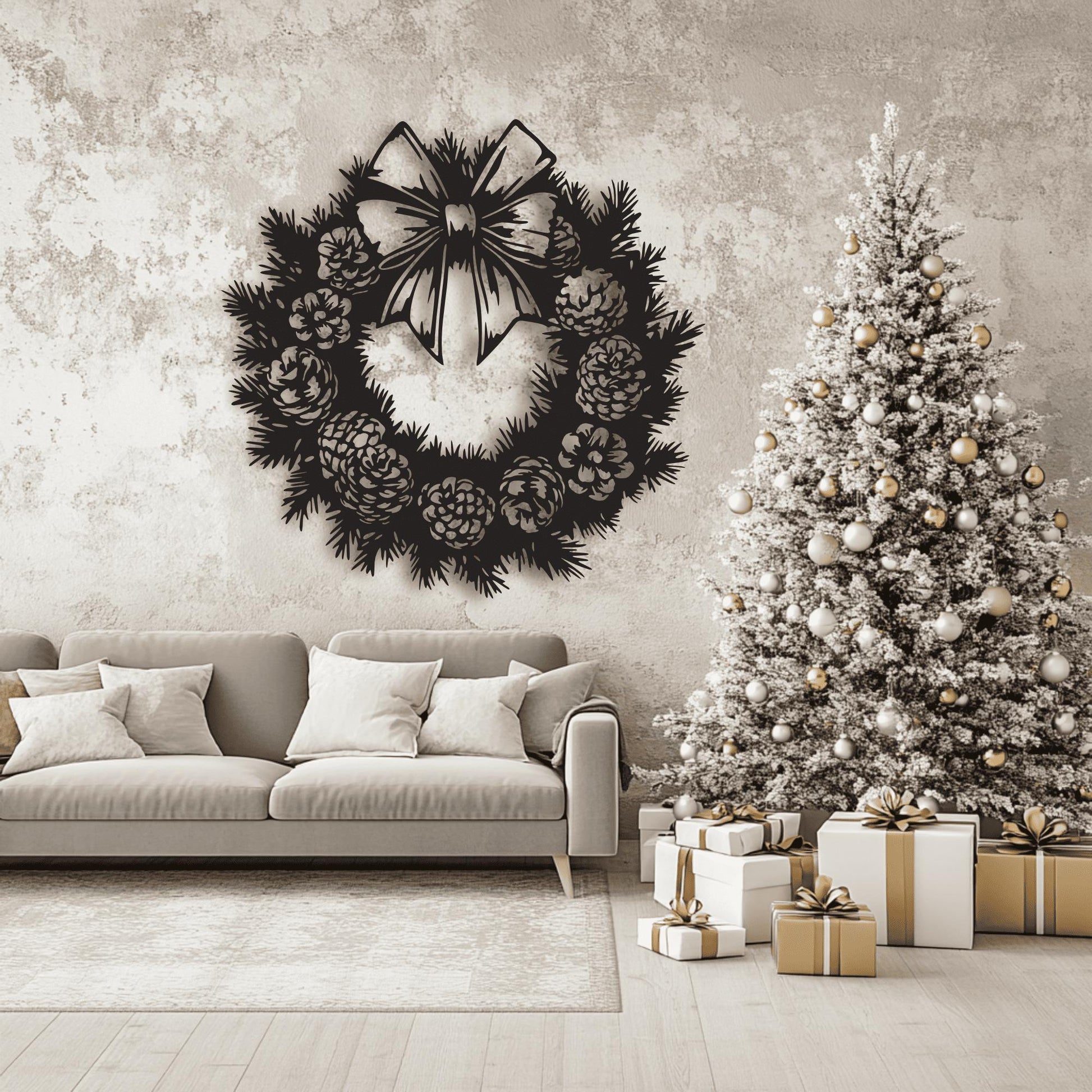 Pine branch holiday wreath DXF file for metal and wood wall décor