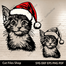 Load image into Gallery viewer, Christmas Cat SVG for Creative Projects, Santa Hat Sublimation Design, Cutting Files for Cricut &amp; Silhouette, T-Shirt Design, Best SVG files
