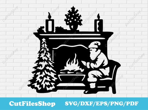 Santa Claus by the fireplace svg, Christmas fireplace Clip Art, Christmas dxf decor for Laser cut, Santa Claus svg for Cricut, christmas tree svg, cut files shop, free christmas decor svg, christmas dxf for laser cut, merry christmas svg, Christmas candles svg, kids christmas svg, free dxf for laser, dxf for cnc, santa claus silhouette
