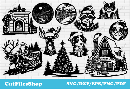 Christmas SVG, Santa sleigh svg, Christmas SVG Bundle, Christmas For Cricut, Christmas decor dxf for laser cut, Christmas animals, Christmas dog svg, Christmas house svg, santa claus svg, Christmas town svg, Christmas cat svg, Christmas Train svg, Christmas deer svg, Christmas tree svg, Free Christmas svg bundle, Dxf decor christmas free, t-shirt Christmas, christmas gifts