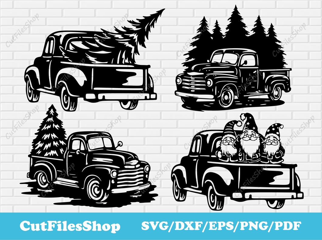 Christmas truck with tree SVG, Cutting files for Cricut, DXF files for Cnc Laser Cut, Christmas gnome svg, Christmas gnome decor, vintage Christmas svg, funny christmas svg, free dxf files for Christmas, Cut Files Shop, free cutting files, Christmas dxf, Clip art for t-shirt