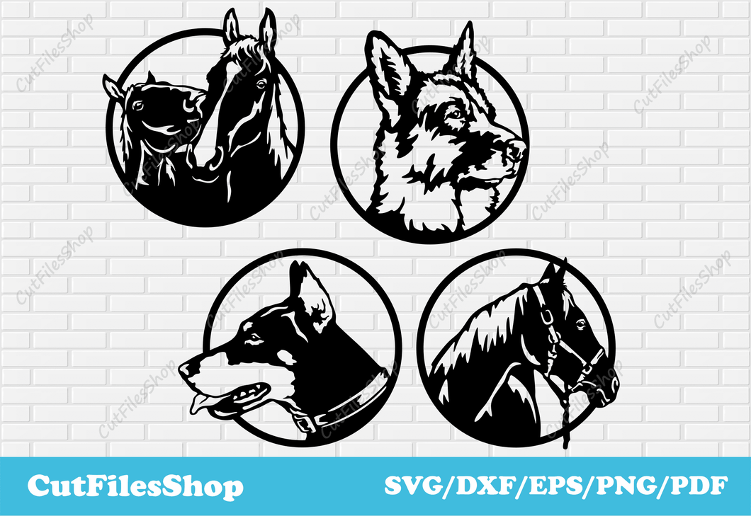 Circle animals decor dxf for plasma cutting, dxf files for laser cut, Svg circle decor for cricut, horses circle decor dxf, dog wall decor dxf, Doberman decor dxf for laser cut, plasma circle decor cutting, German Shepherd dxf files for plasma