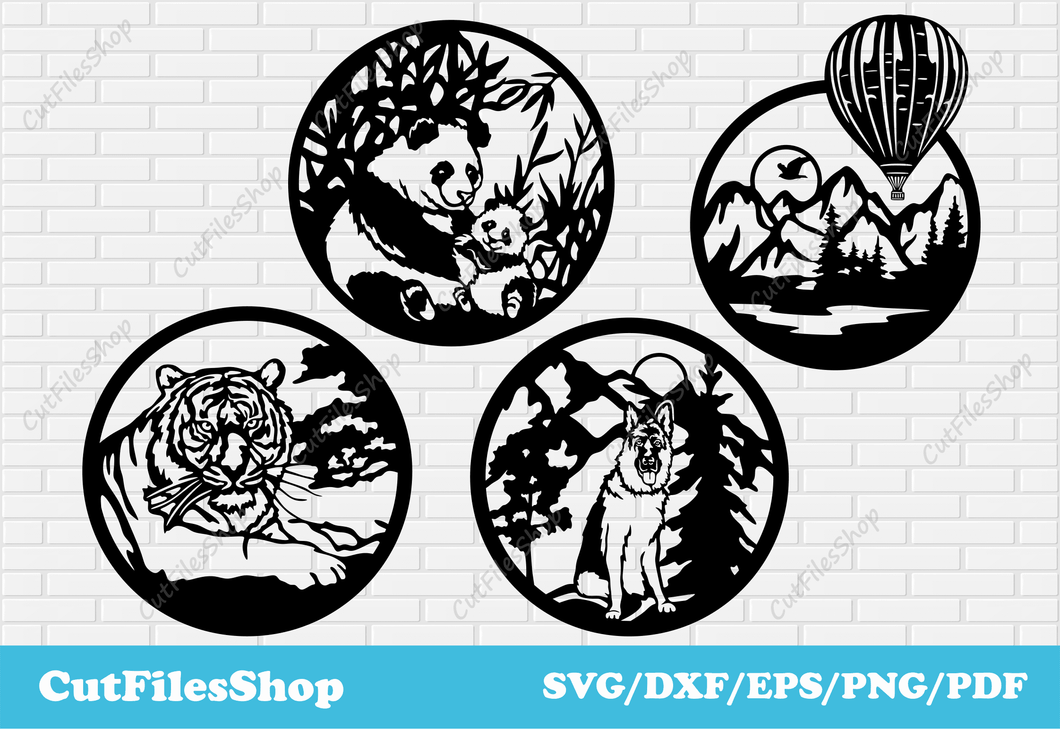 Circle decor dxf for laser cut, wall decor dxf for cnc plasma, animals decor dxf, download cnc files, tiger dxf, dog dxf, panda dxf, download free dxf, svg files ready to cut, Balloon dxf, shepherd dog dxf, home decor dxf, wall art dxf, metal cutting decor, wildlife circle dxf, mountains dxf