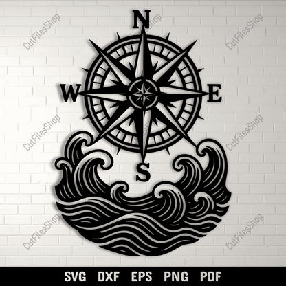 Compass rose with ocean waves SVG DXF for CNC and laser cutting