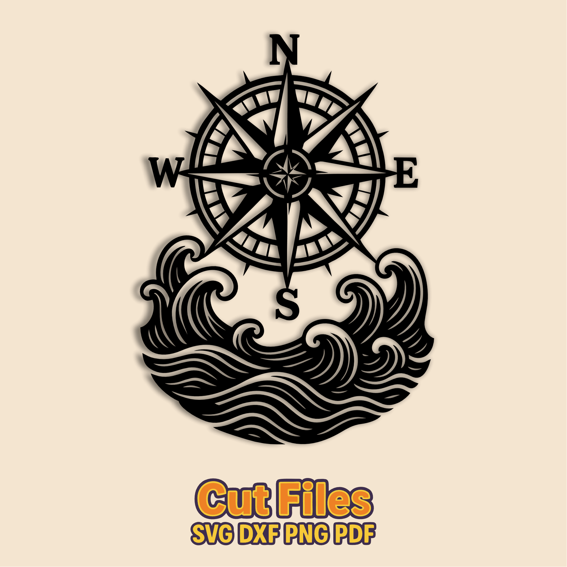 Ocean wave scene with compass in SVG DXF PNG PDF EPS