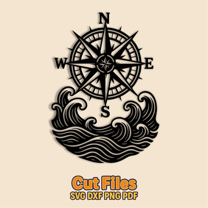 Ocean wave scene with compass in SVG DXF PNG PDF EPS