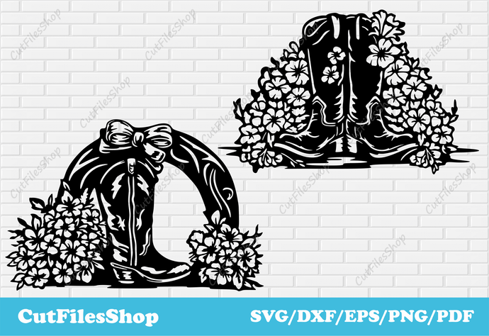 Cowboy boots with flowers svg, cowboy boots dxf for laser, Cowgirl boots svg, flower shoes svg, cowboy svg, silhouette cowboy boots svg, free vector images, free png for sublimation