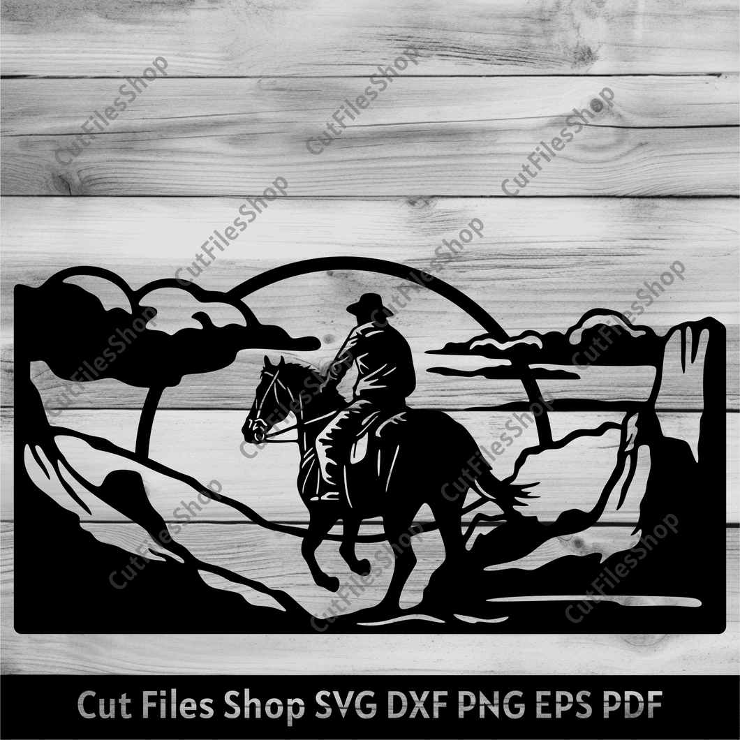 Cowboy scene svg, Cowboy Dxf for Laser cut, Western Svg, Cutting files, Dxf for Silhouette Studio, Dxf for Cnc Plasma, desert scene svg, mountains dxf for laser, Horse Riding Svg, cowboy dxf for plasma, wildwest svg dxf files, dwg for laser, water jet cutting files