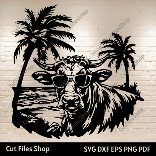 Cow on vacation Svg for Cricut, Cow Dxf for Laser cut, Silhouette Cow, Dxf for Inkscape, funny cow svg, summer scene svg, palms tree svg, cow with glasses svg