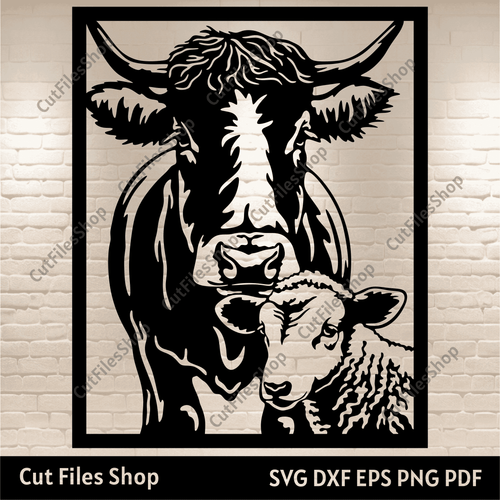 Panel Dxf for Laser cut, Cow with Sheep Svg, Farm life svg for Cricut, Cnc Cutting files, Scrapbooking clipart, screen cnc design, peeking cow svg, peeking sheep svg, farm scene dxf, silhouette cow cut files, free download svg files, wood cnc svg files, dxf for cnc router