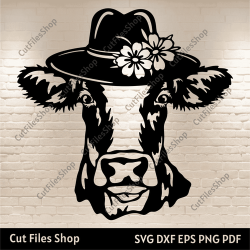 Cow with hat Svg files, Cow Dxf for Laser cut, Cutting files, T-shirt design, Funny farm animals Svg, free svg files for cricut, farm life svg, sublimation design, free dxf files for laser