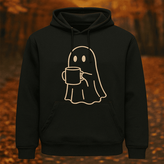 Cute Halloween ghost DXF design holding a coffee mug