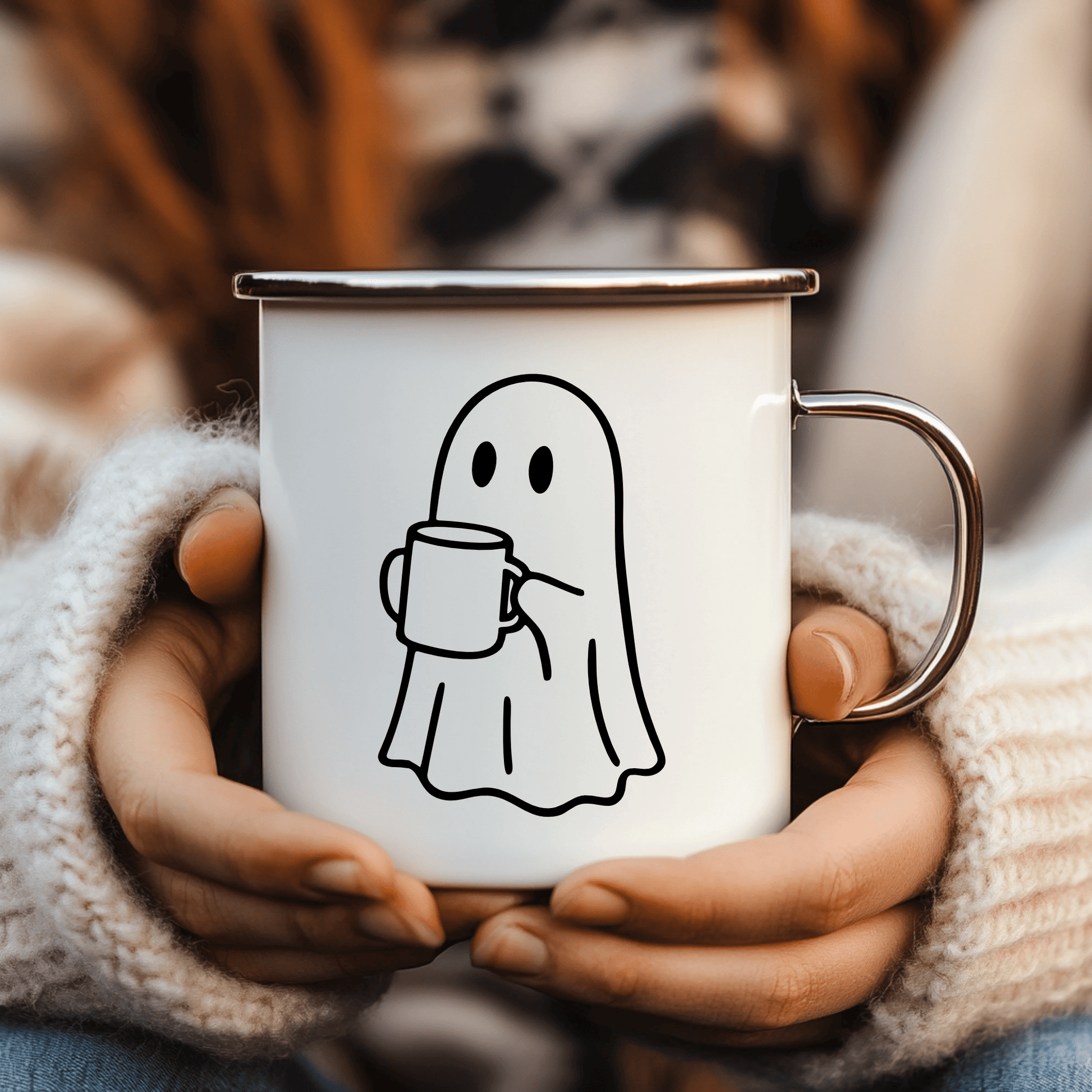 Cozy ghost PNG for sublimation mugs and seasonal décor