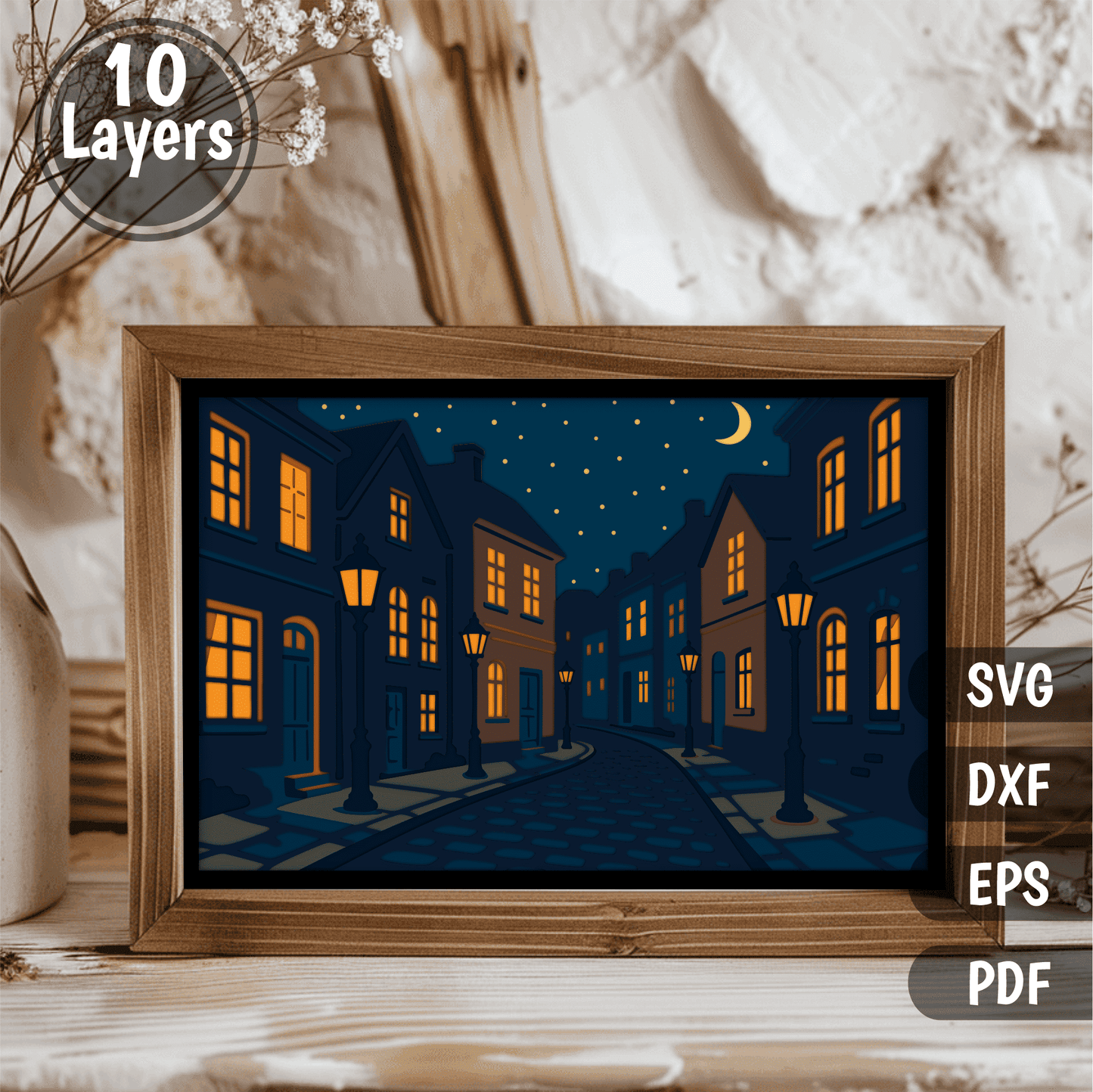Moonlit old town layered SVG shadow box design