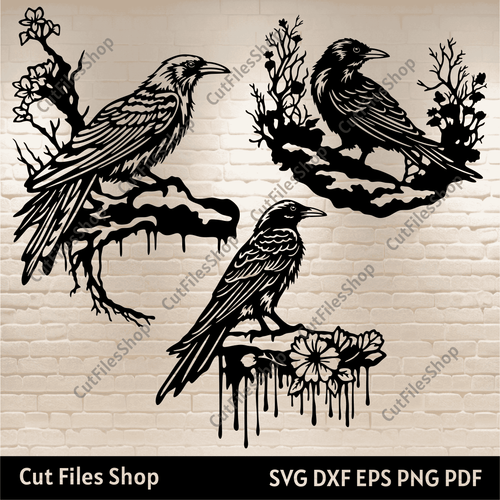Crows svg cutting files, crow scene dxf for Laser cut, Silhouette crow, Svg files for cnc router, crow on branch svg, crow clipart, t-shirt crow design, birds dxf files for cnc, birds svg files for cricut