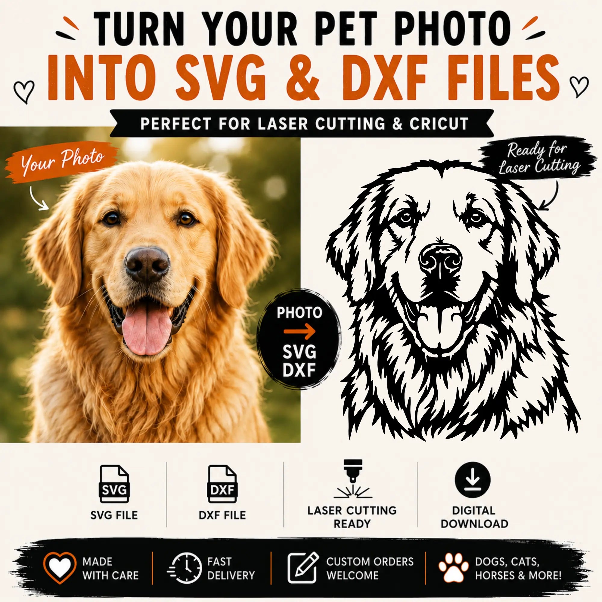 Custom pet photo to SVG conversion service showing dog photo transformed into laser cutting ready SVG and DXF vector artwork.