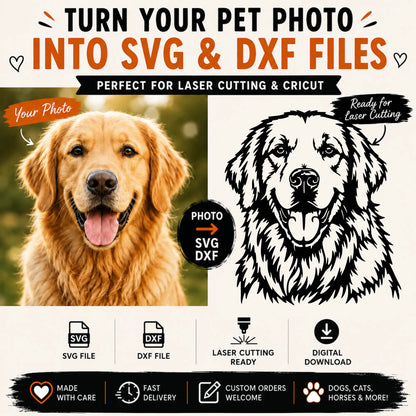 Custom pet photo to SVG conversion service showing dog photo transformed into laser cutting ready SVG and DXF vector artwork.