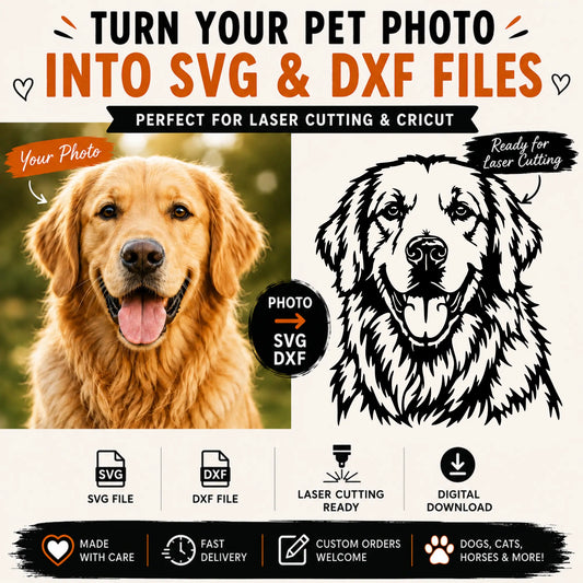 Custom pet photo to SVG conversion service showing dog photo transformed into laser cutting ready SVG and DXF vector artwork.