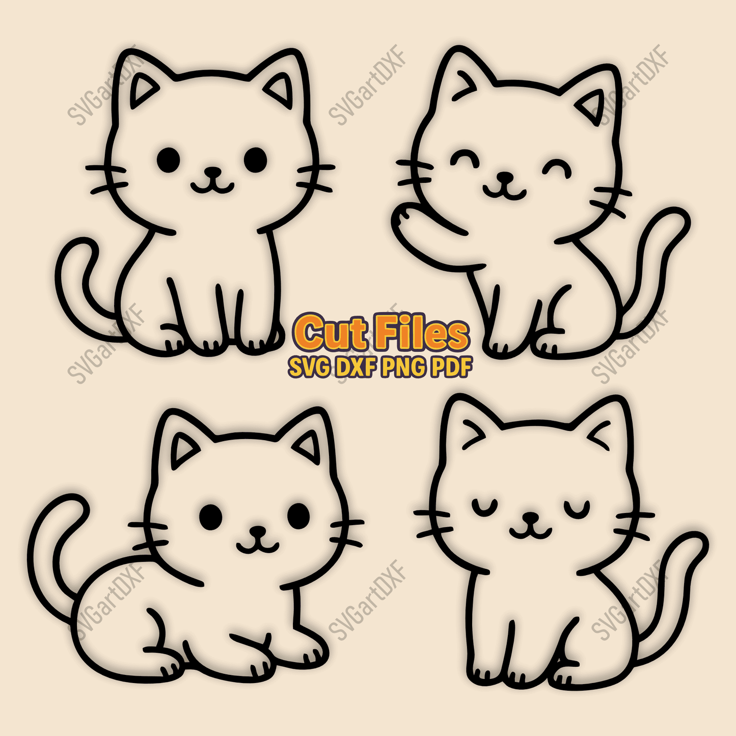 Kawaii cat SVG DXF bundle with four cute kitty designs