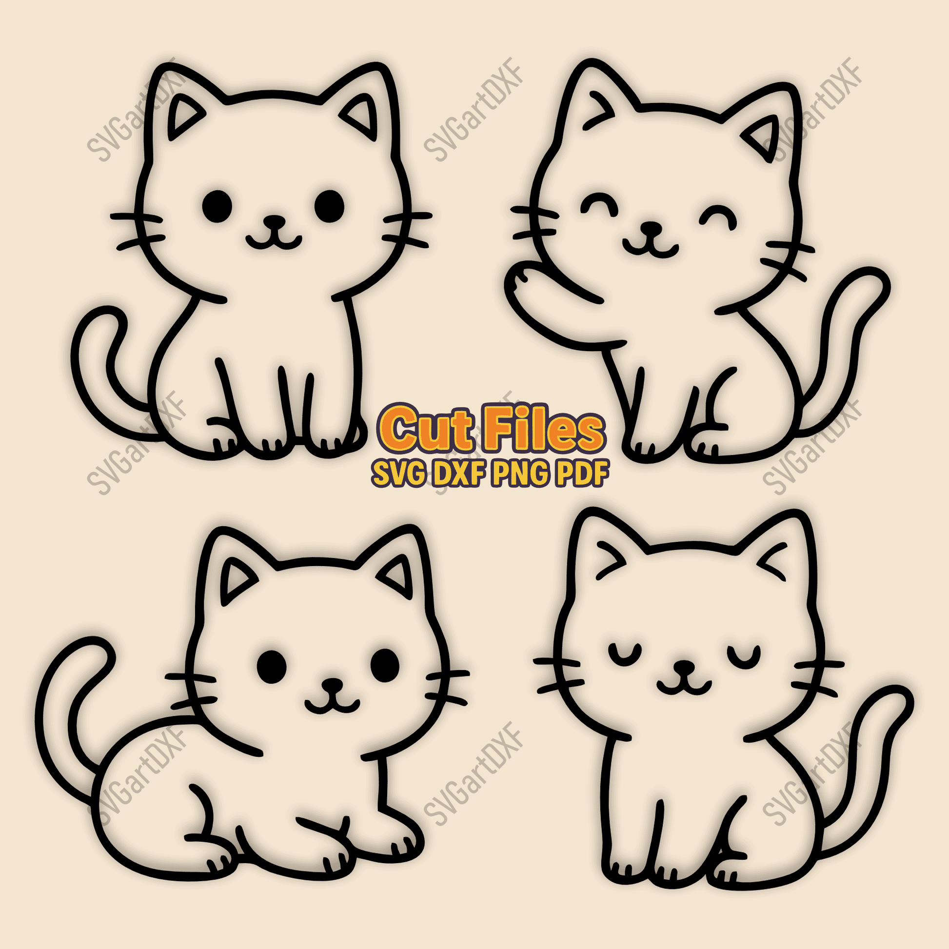 Kawaii cat SVG DXF bundle with four cute kitty designs
