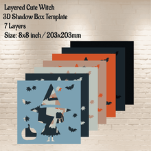 Load image into Gallery viewer, Cute Witch 3D Light Box, svg for laser, 3d layered shadow box svg, layered paper art svg, digital laser cut designs
