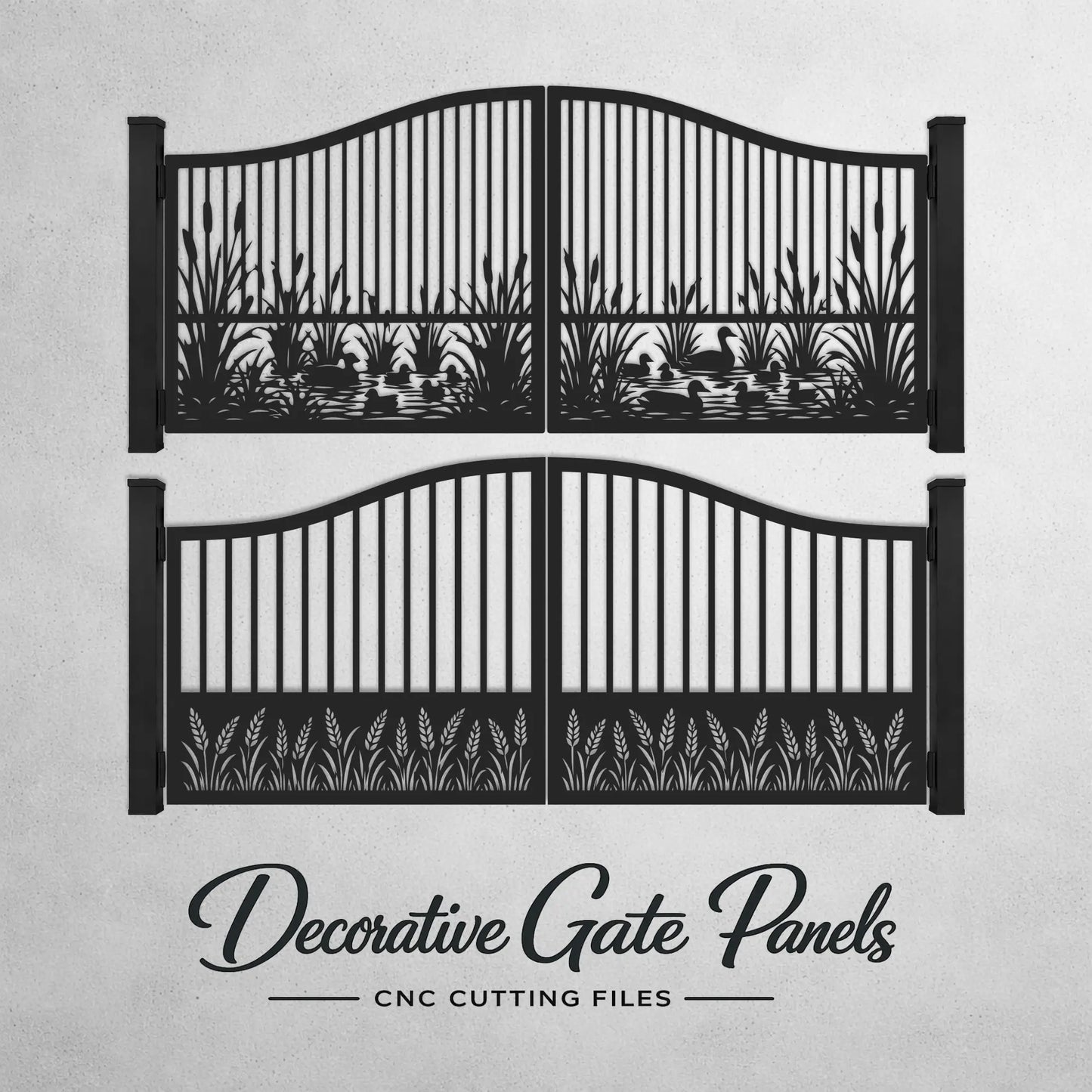 Decorative metal driveway gate with duck pond laser cut design.