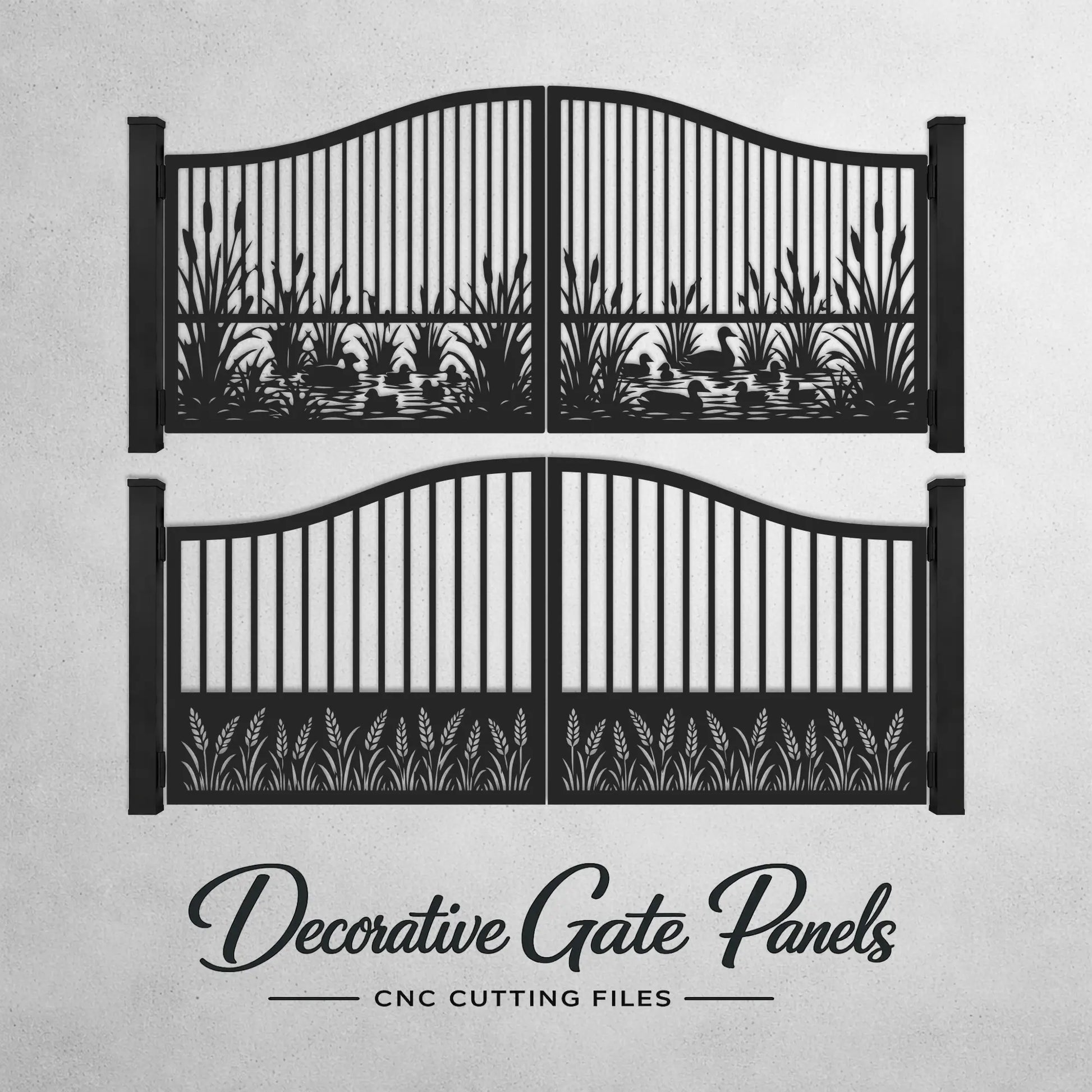 Decorative metal driveway gate with duck pond laser cut design.