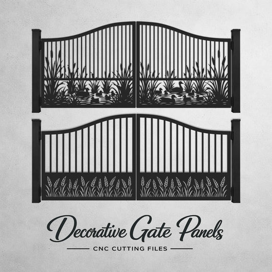 Decorative metal driveway gate with duck pond laser cut design.