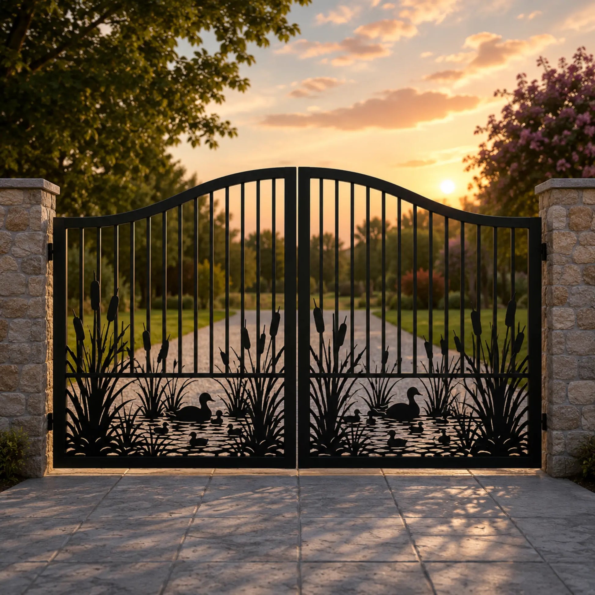 Custom decorative metal gate for residential driveway.