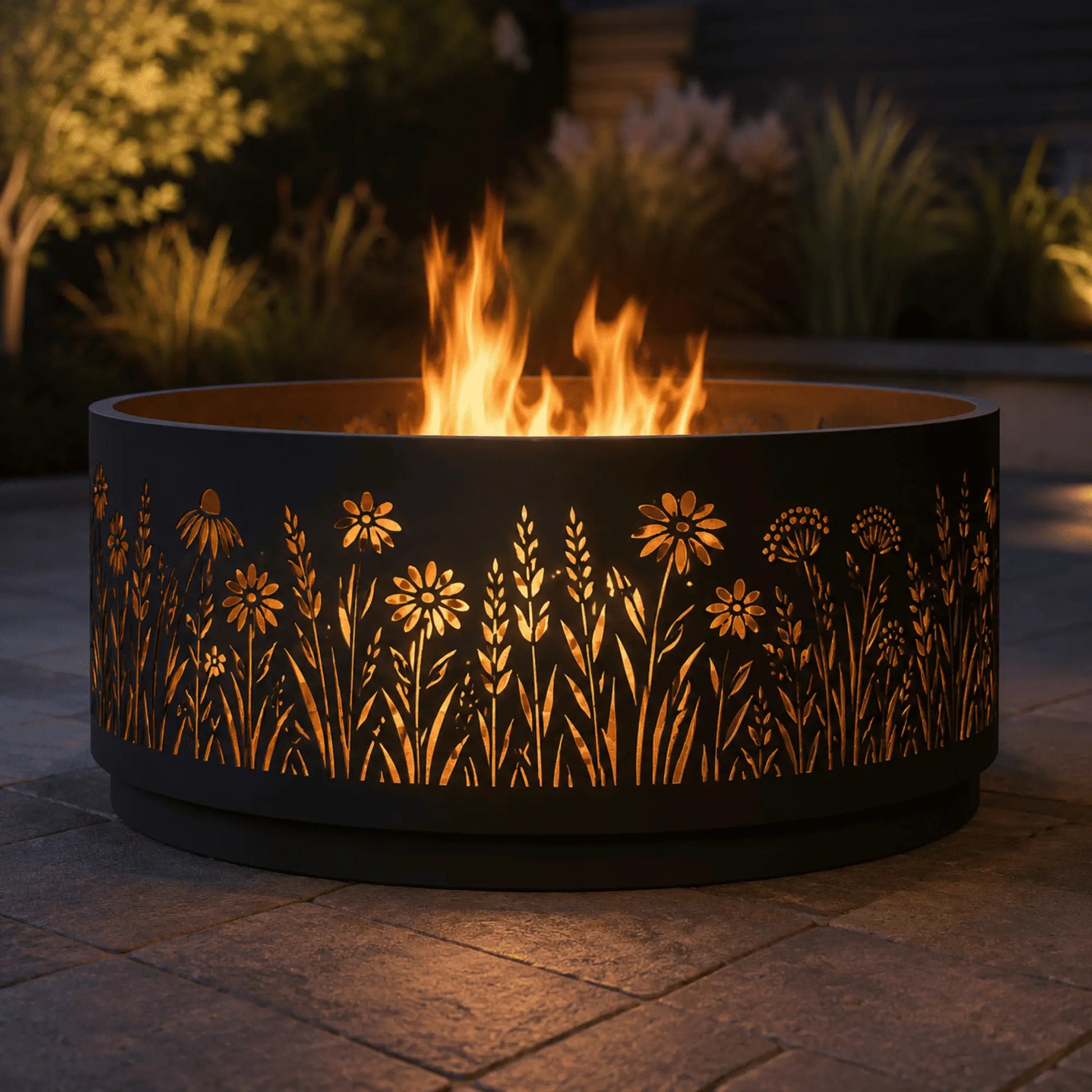 Floral scroll laser cut insert installed in a modern metal FIRE PIT