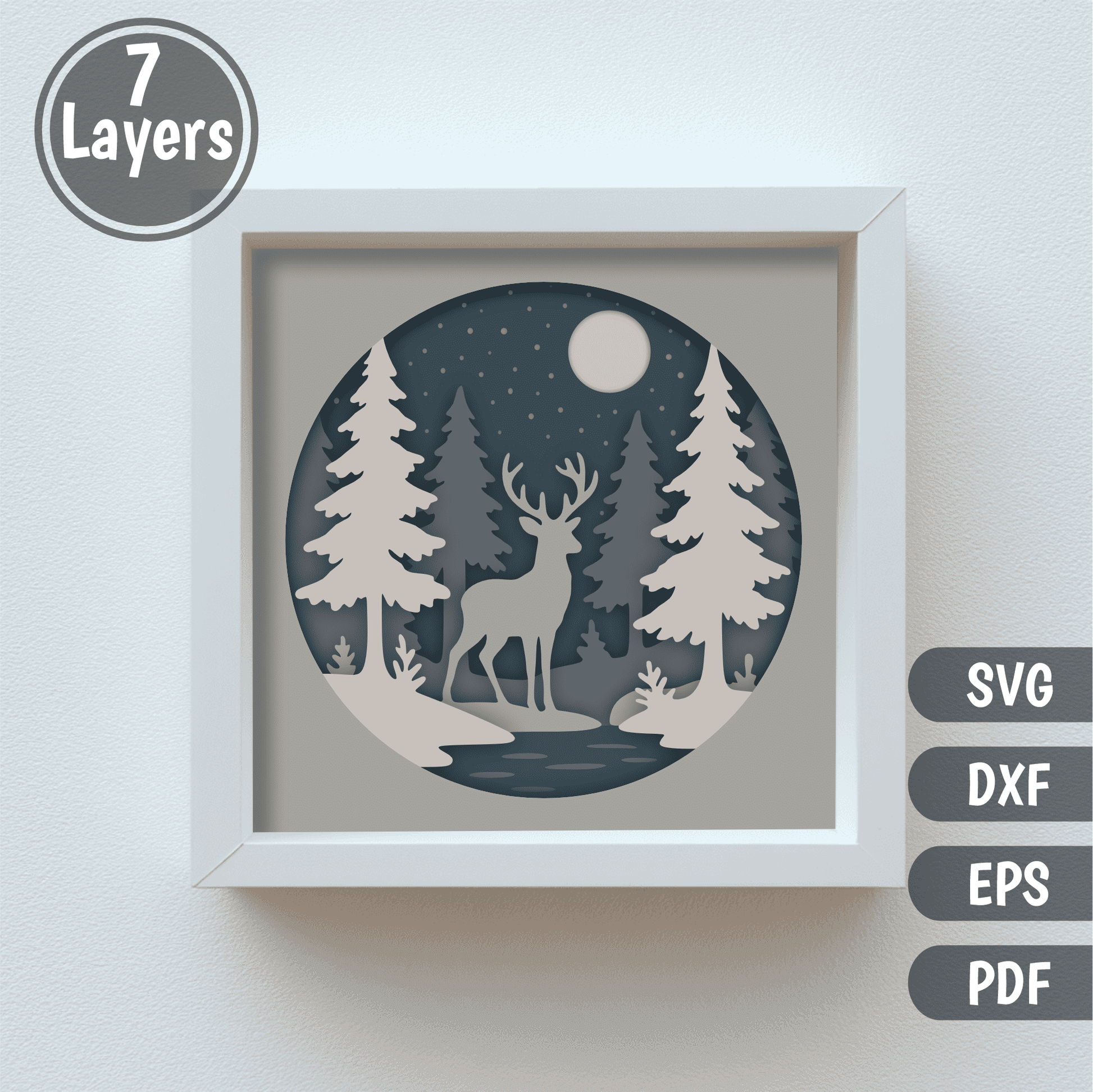 Winter deer 3D shadow box layered SVG template