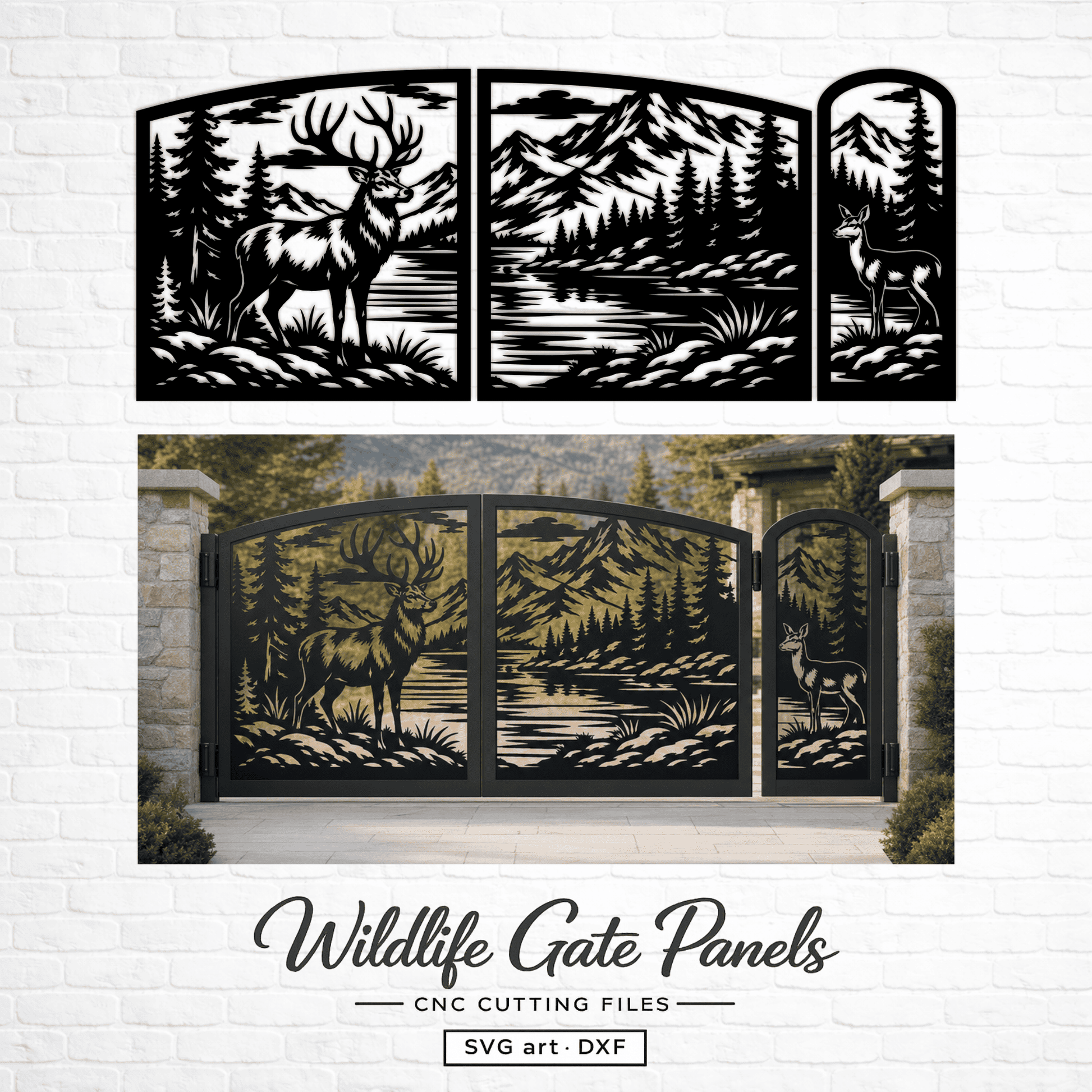 Deer driveway gate design with a stag, pine forest, mountains and lake.