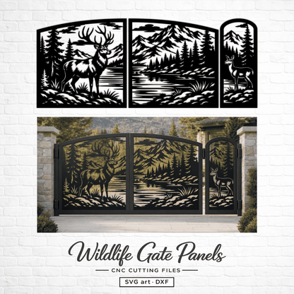 Deer driveway gate design with a stag, pine forest, mountains and lake.