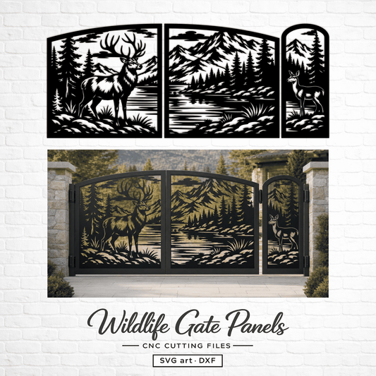 Deer driveway gate design with a stag, pine forest, mountains and lake.