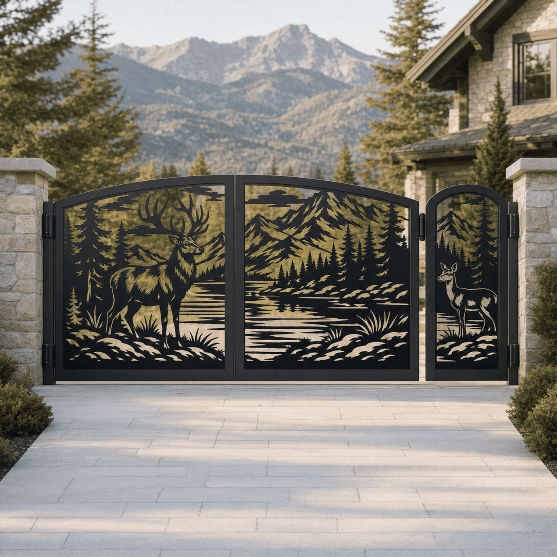 Double metal gate SVG and DXF files featuring a continuous wildlife landscape.