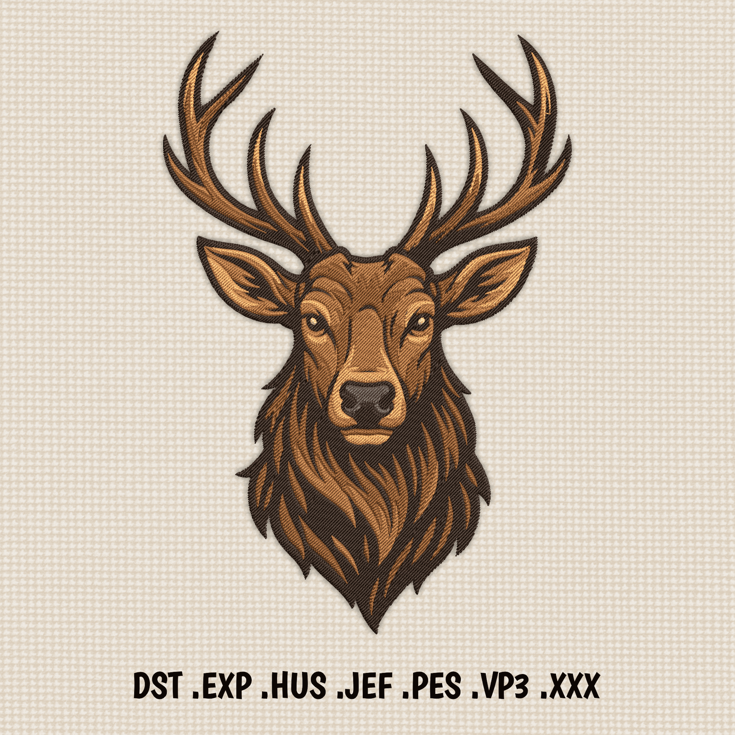 Deer head embroidery design with detailed antlers and realistic stitching, Dst Exp Hus Jef Xxx files