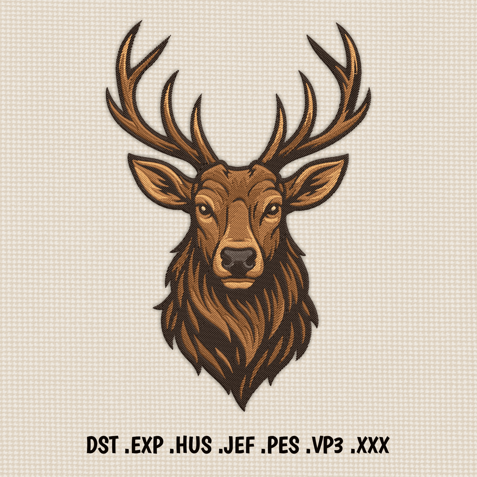 Deer head embroidery design with detailed antlers and realistic stitching, Dst Exp Hus Jef Xxx files