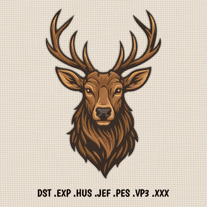Deer head embroidery design with detailed antlers and realistic stitching, Dst Exp Hus Jef Xxx files