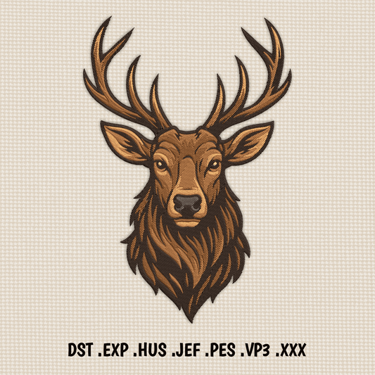 Deer head embroidery design with detailed antlers and realistic stitching, Dst Exp Hus Jef Xxx files
