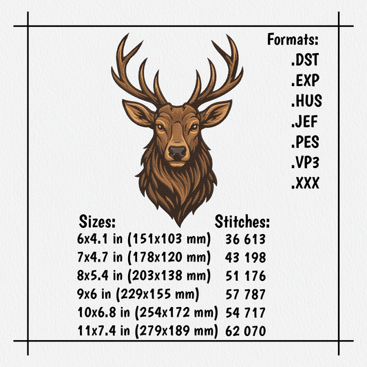 Wildlife embroidery design featuring majestic deer head for clothes and home decor
