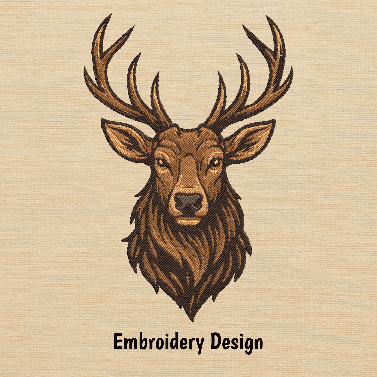 Stag embroidery applique showing shades of brown thread and fine stitch details