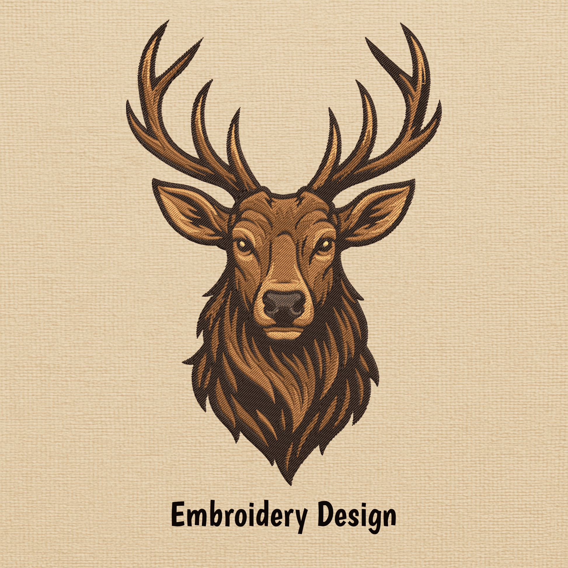 Stag embroidery applique showing shades of brown thread and fine stitch details