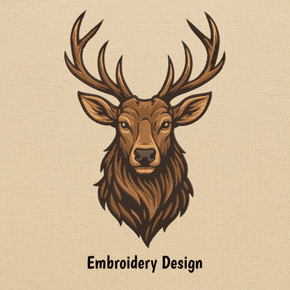 Stag embroidery applique showing shades of brown thread and fine stitch details