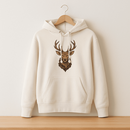 Machine embroidery deer head design for jackets, hoodies, and tote bags
