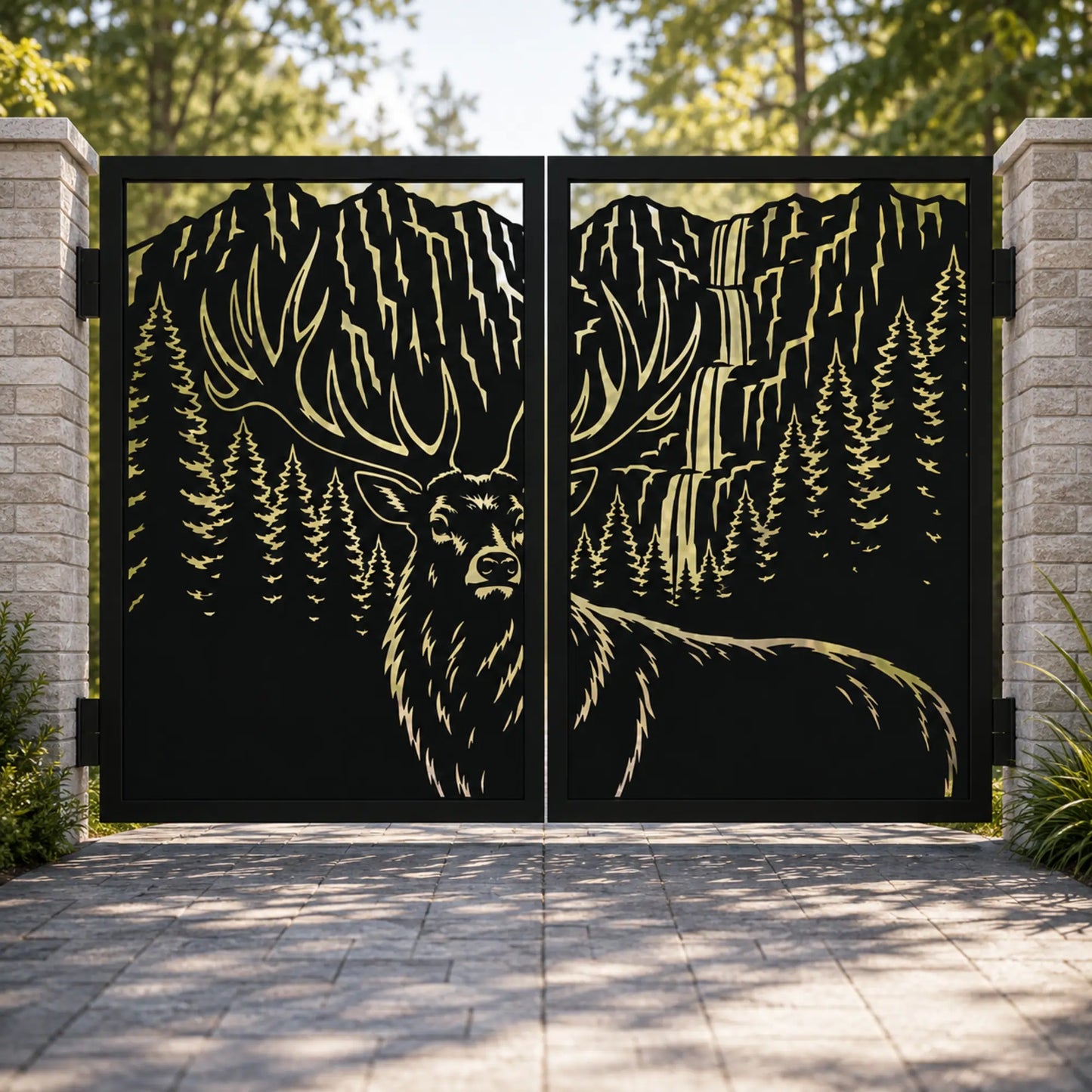 Elk deer wildlife gate DXF SVG design with mountain, waterfall and pine forest for CNC plasma and laser cutting.