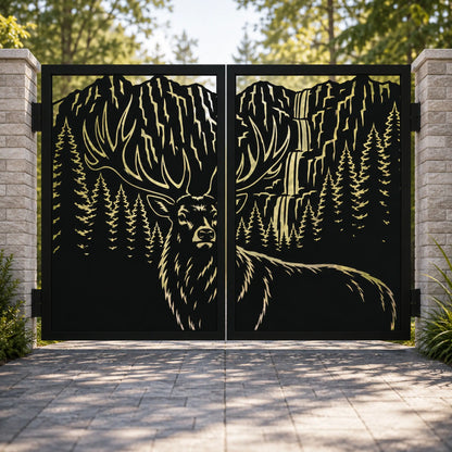 Elk deer wildlife gate DXF SVG design with mountain, waterfall and pine forest for CNC plasma and laser cutting.