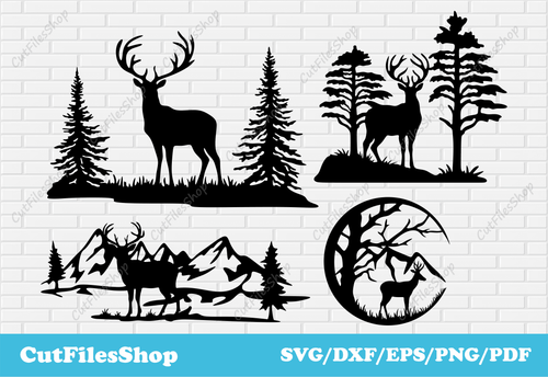 Deer scenes dxf for Plasma cut, nature dxf for Laser cut, Svg deer for Cricut, Stencils dxf, wildlife dxf, forest dxf, deer stencil, deer silhouette, metalworking dxf, svg for shopper design, mountains for laser cut