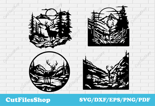 Beautiful Deer scenes for Cnc Laser and Plasma cutting, Svg deer for Cricut, Silhouette, Png Eps for Sublimation, T-shirt design, deer dxf cnc files, deer cutting files, Christmas deer for cricut, deer for printing, deer svg for t shirt, png for social networks, mountains svg cut files, forest dxf for plasma, dxf for wall metal decor