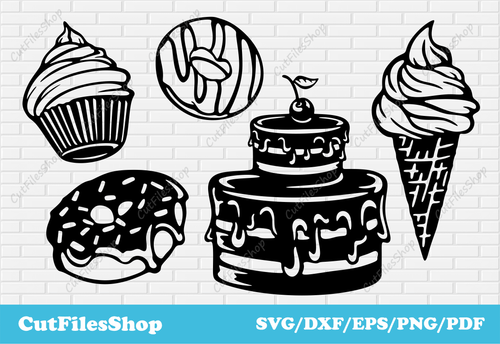 Desserts vector, cupcake svg for cricut, ice cream svg, cake svg, dxf for wall art, svg for postcard, svg for birthday, cupcake png files, dxf bundles, svg art bundles, vector for t shirt, cnc cutting designs