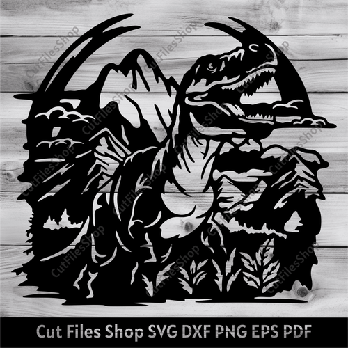 Dinosaur Scene Dxf for Laser, T Rex Svg, Dinosaur Scene Svg for Cricut, Nature scene svg, mountains scene svg, dxf for wall decor, wood decor dxf, cnc cut files, sublimation svg, png for heat pressing, prehistoric era scene svg, t rex dxf, t rex for t-shirt, dxf files download free, Tyrannosaurus rex svg